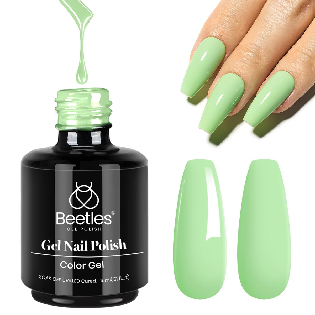 beetles Gel Polish 15ML light green gel nail polish in lifestyle setting