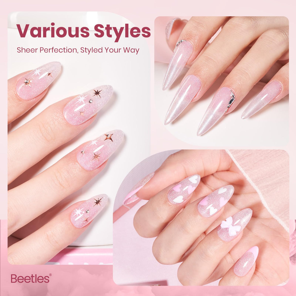 beetles Gel Polish 15ML Shimmer Pink applied on nails
