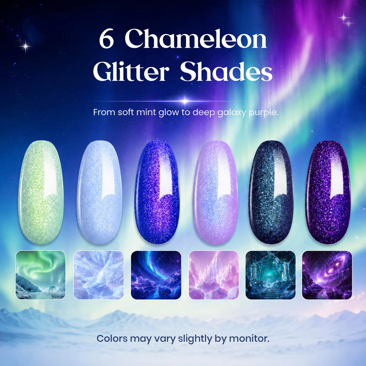 beetles Gel Polish 6 glitter gel shades displayed on a white background