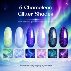 beetles Gel Polish 6 glitter gel shades displayed on a white background