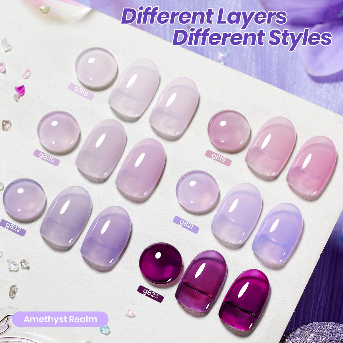 beetles Gel Polish Amethyst Realm purple gel polish bottles arranged