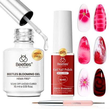 beetles Gel Polish Blooming Set with red nail polish and brush front view