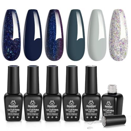 beetles Gel Polish Blue Glitter Set front view with six bottles