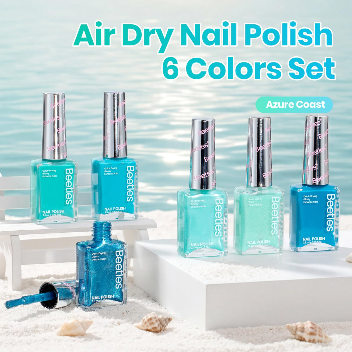 beetles Gel Polish blue nail polish bottles in a row