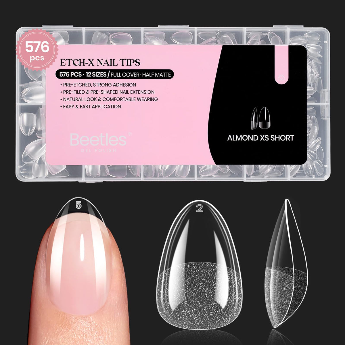 beetles Gel Polish Extra Short Almond Nail Tips front view
