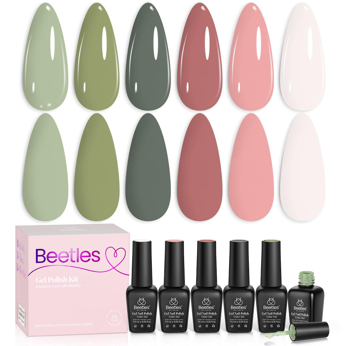 beetles Gel Polish Fall Set 6 bottles in sage, olive green, pink, and white