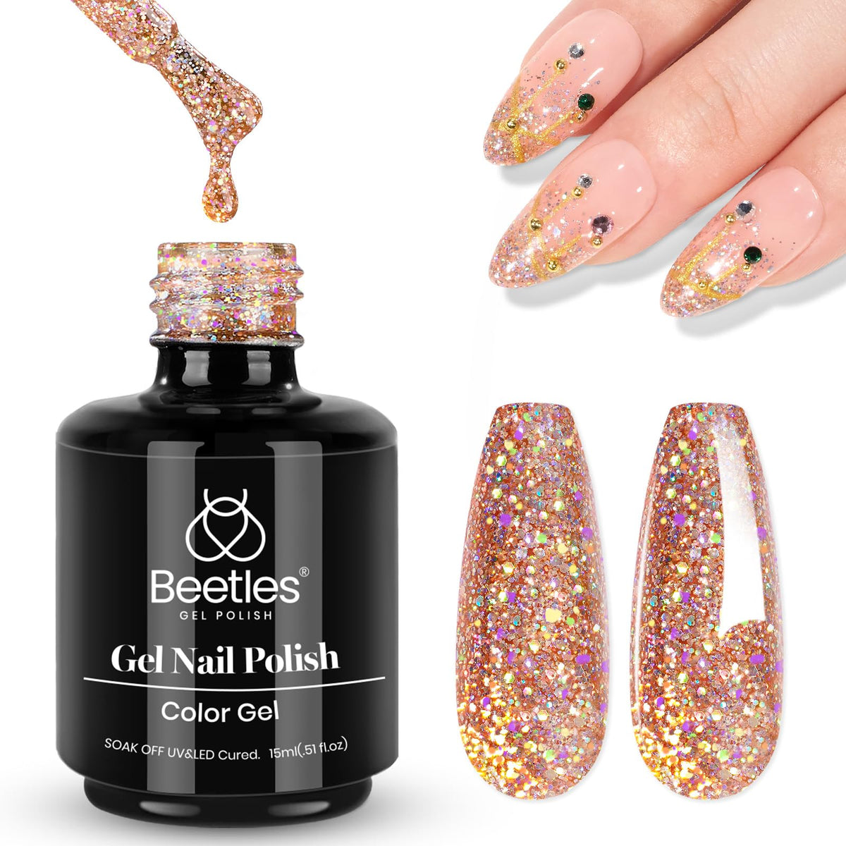 beetles Gel Polish Glitter Gel Nail Polish 15ML Rose Gold front view
