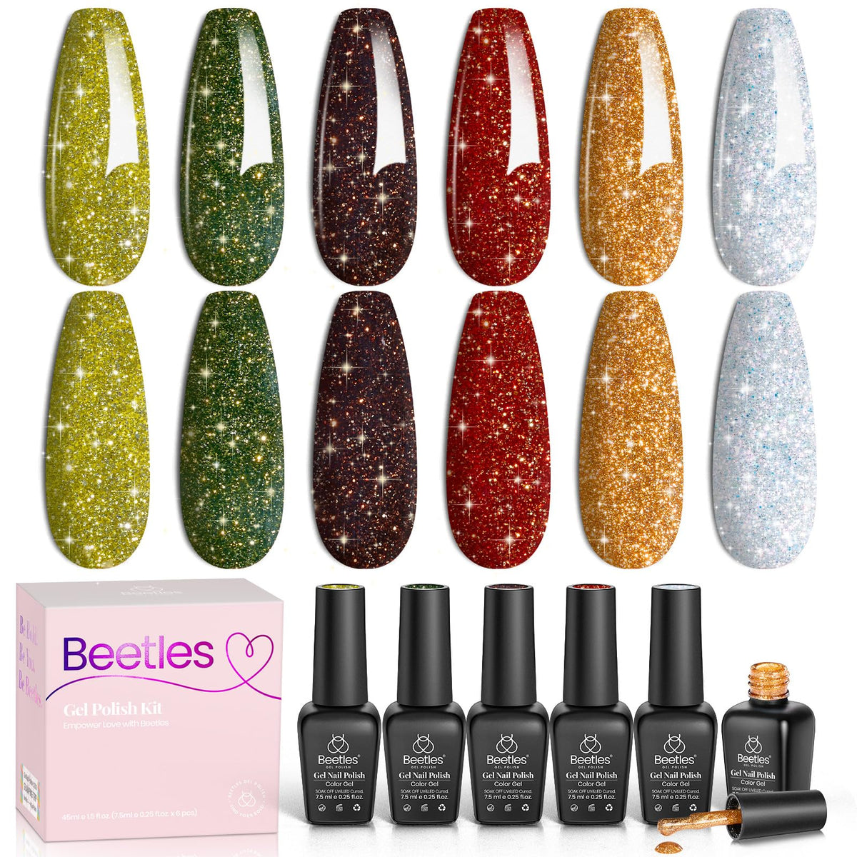 beetles Gel Polish Glitter Gel Nail Polish Set with 6 shades front view