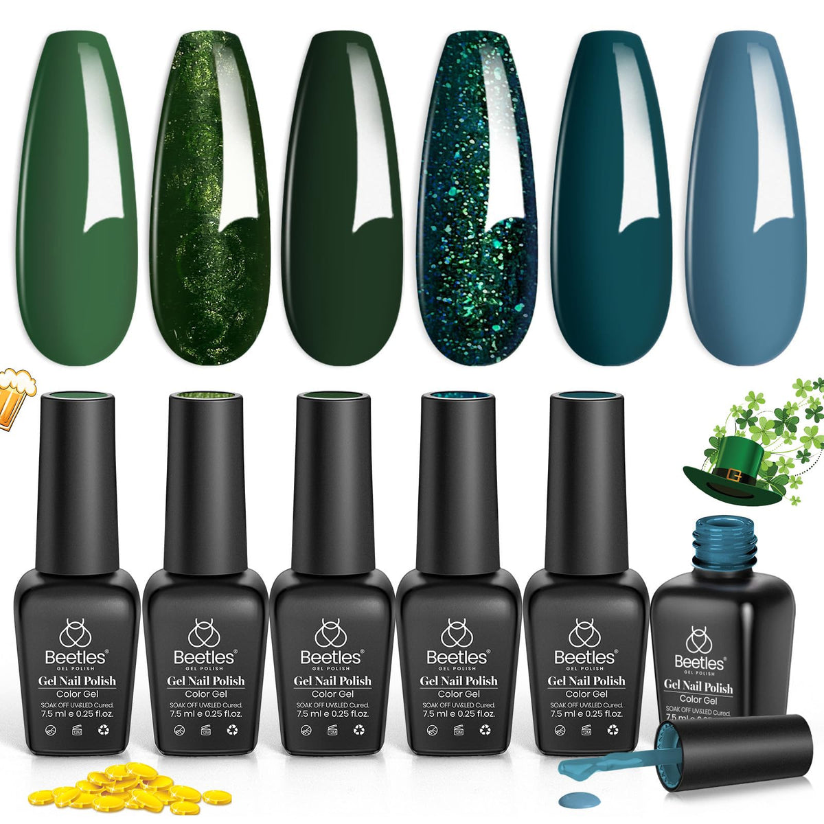 beetles Gel Polish Green Gel Nail Polish Set front view with six bottles