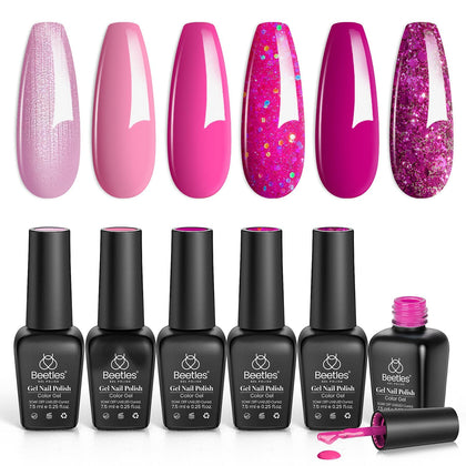beetles Gel Polish Hot Pink Set front view with six bottles
