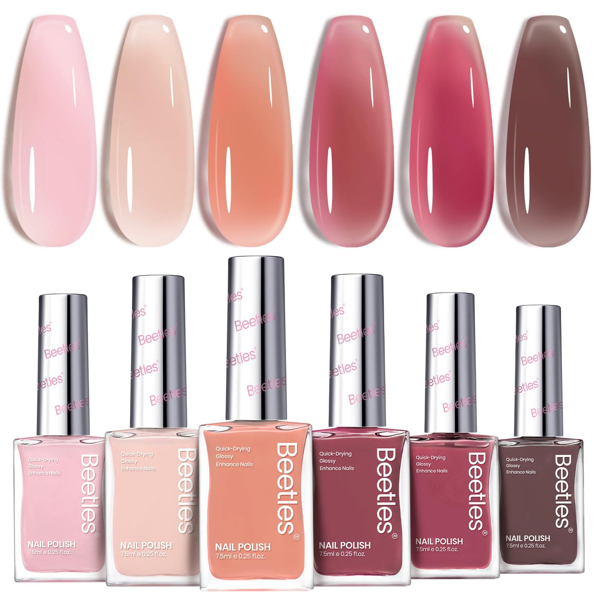 beetles Gel Polish Jelly Nail Polish Set front view with six sheer pink bottles