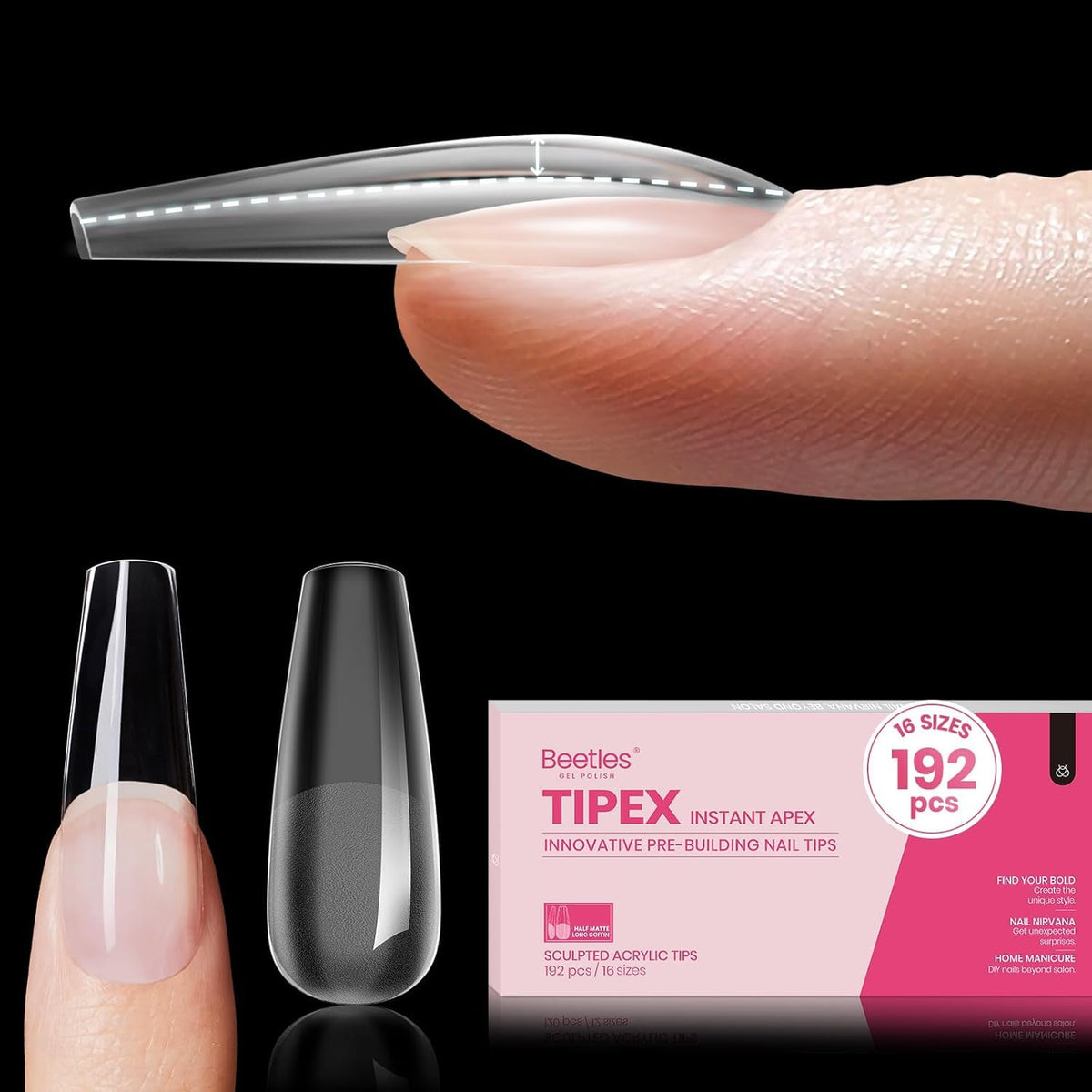 beetles Gel Polish Long Coffin Nail Tips front view with packaging