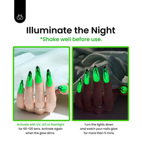 beetles Gel Polish Luminous Green Glow bottle with light exposure