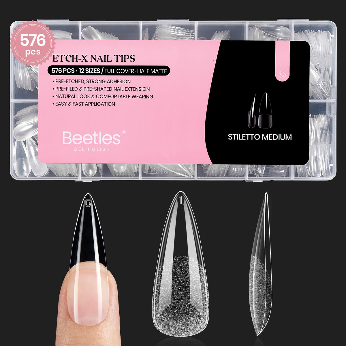 beetles Gel Polish Medium Stiletto Nail Tips 576Pcs front view