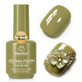 beetles Gel Polish Mossy Bud 15ML olive green gel nail polish with finished nails