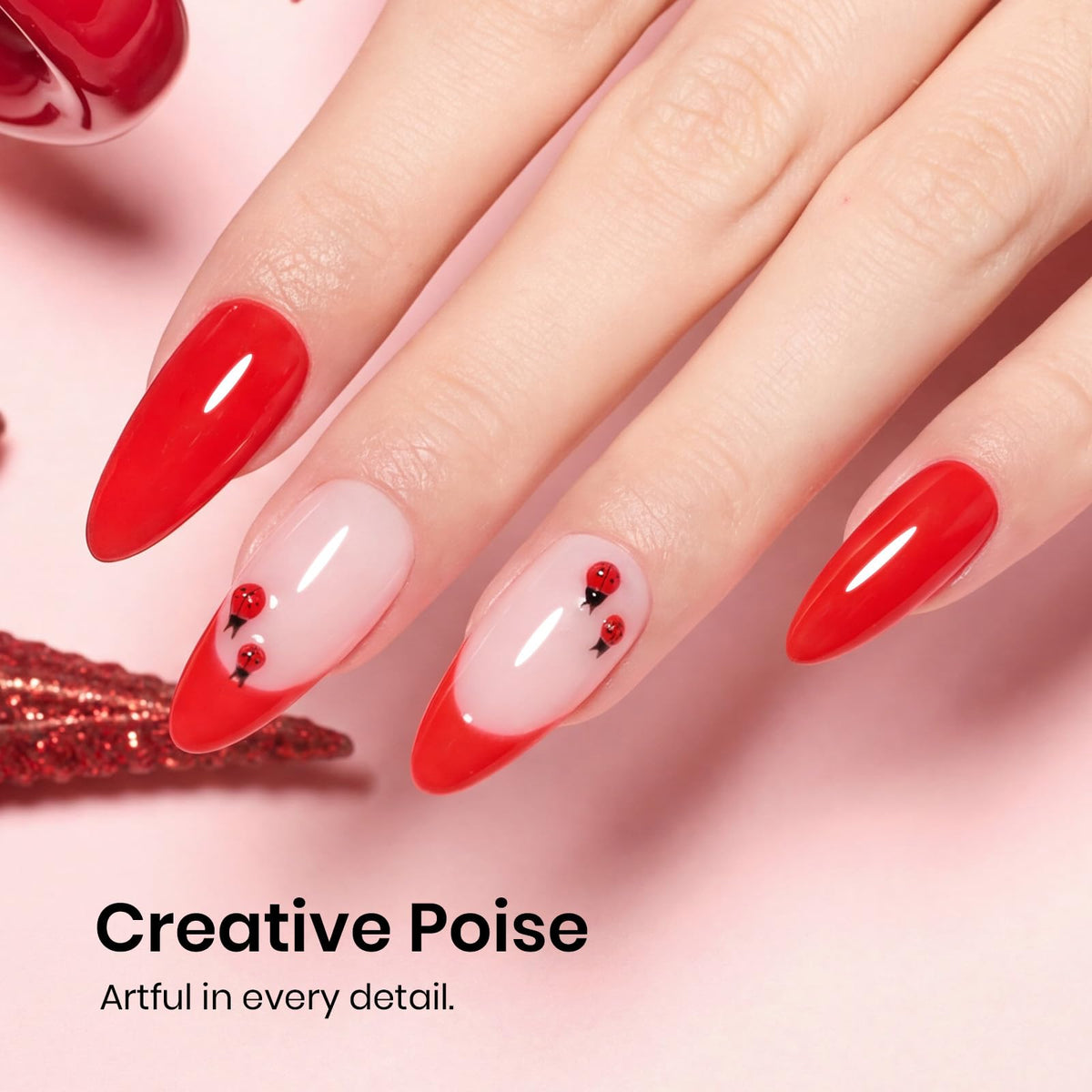 Beetles Gel Polish My Signature bright red gel polish on a nail art display