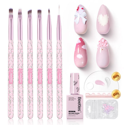 beetles Gel Polish Nail Art Brushes Set 6 Pcs with pink gel and accessories