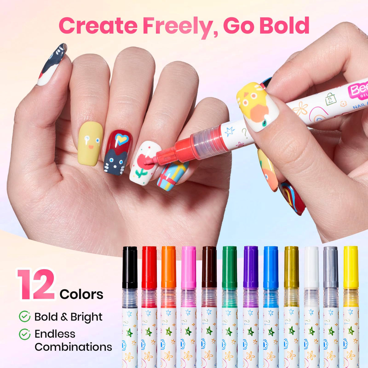 beetles Gel Polish Nail Art Pens displayed with creative designs