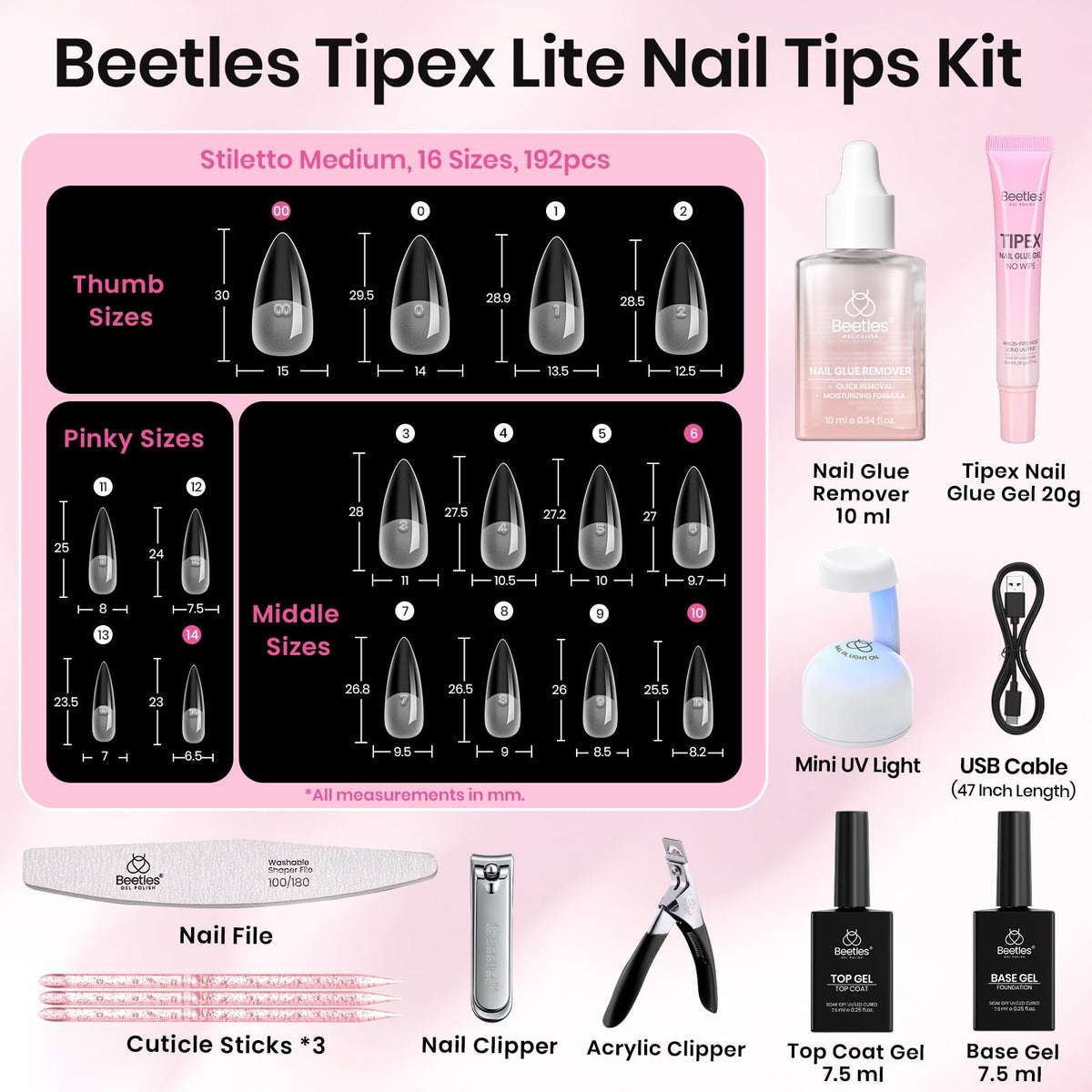 beetles Gel Polish Nail Tips Kit components laid out on a table