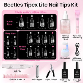 beetles Gel Polish Nail Tips Kit components laid out on a table