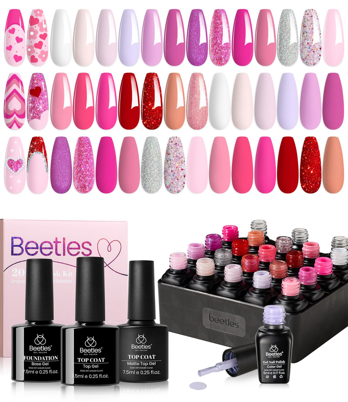 beetles Gel Polish Pink Gel Polish Set front view with 20 colour gels