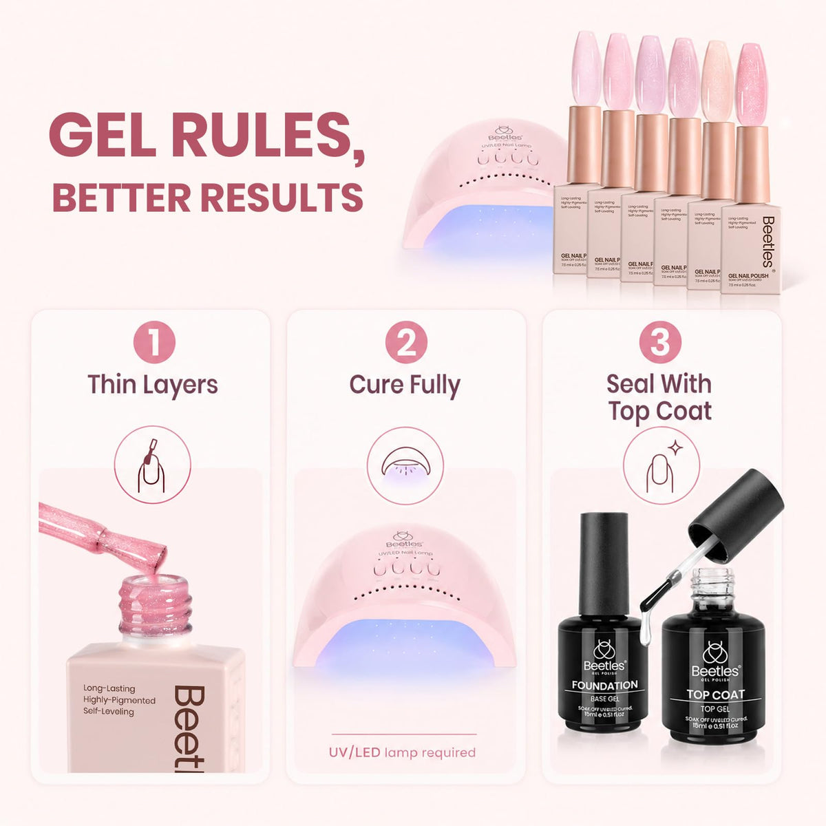 beetles Gel Polish Pink Glitter Gel Set with nail art tools