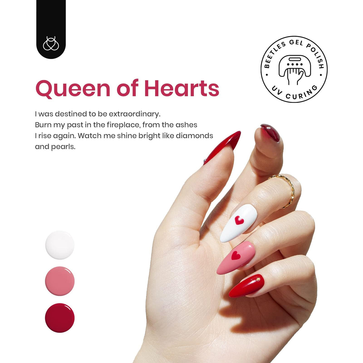 beetles Gel Polish Queen of Hearts Collection showing soft pink and red glitter