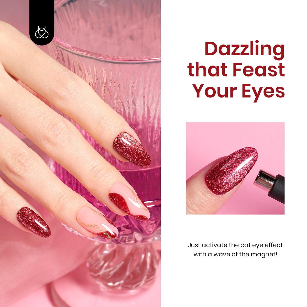 beetles Gel Polish Red Cat Eye Glitter Liner Gel application on nails