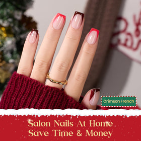 beetles Gel Polish Red French Tip Press On Nails displayed on a table