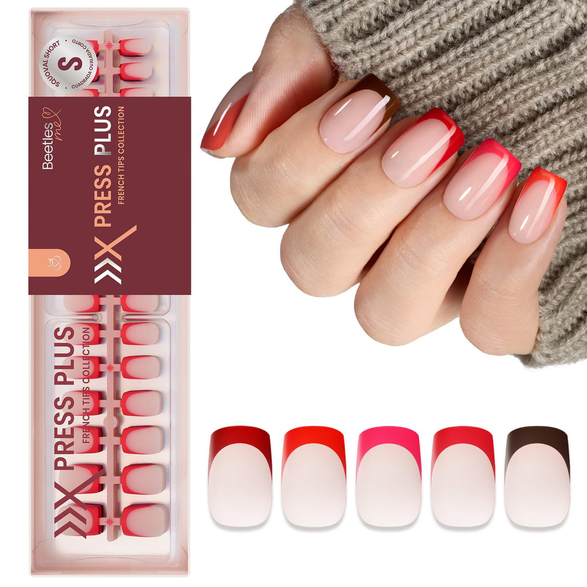 beetles Gel Polish Red French Tip Press On Nails front view with multiple sizes