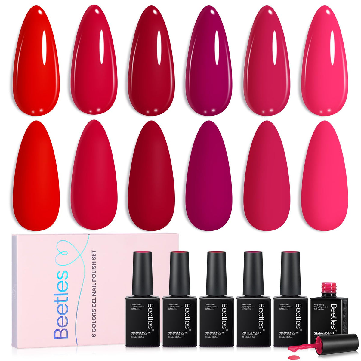 beetles Gel Polish Red Gel Nail Polish Set front view with six bottles
