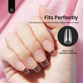 beetles Gel Polish Short Coffin Nail Tips on a hand