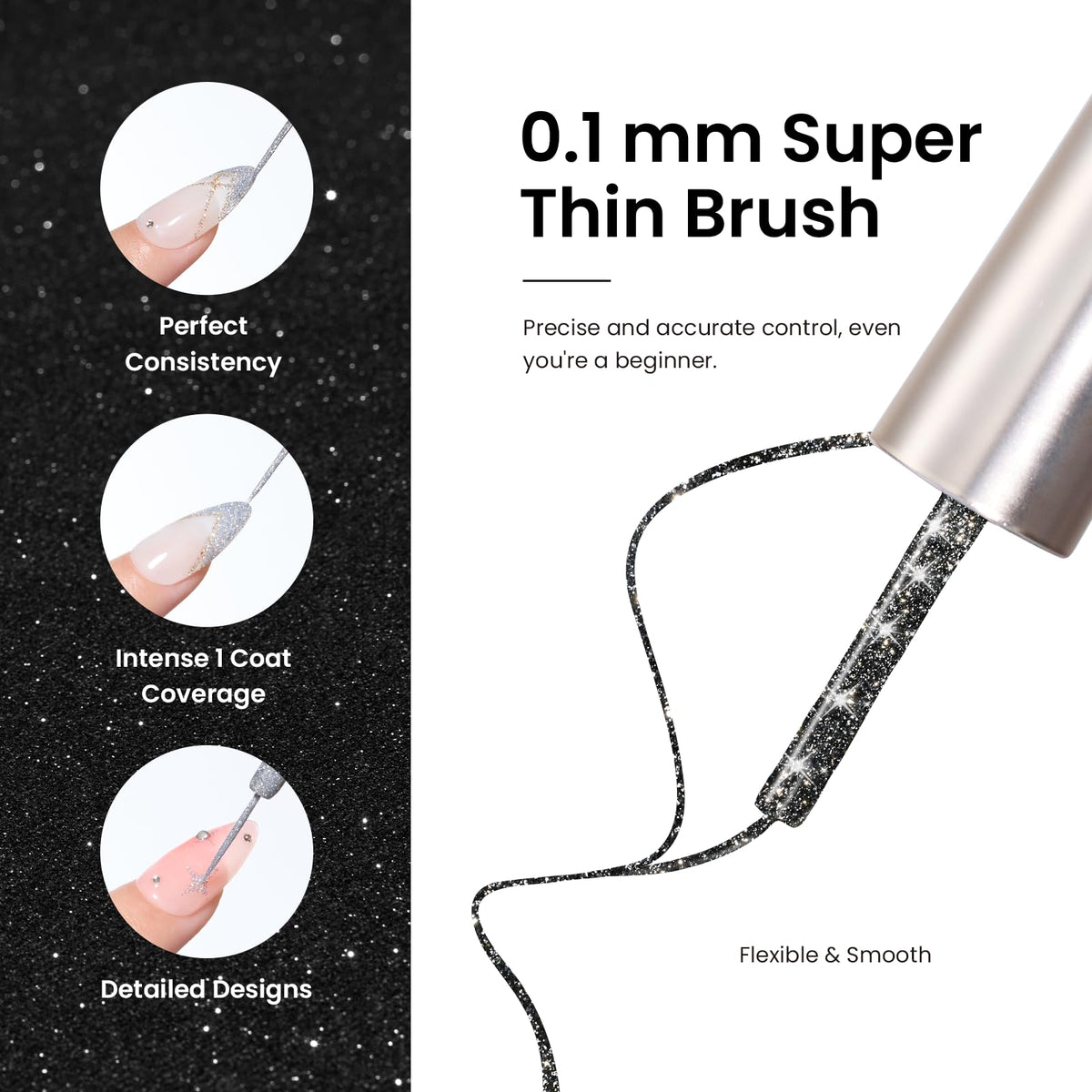 beetles Gel Polish Silver Glitter Gel Liner 7ml with brush detail