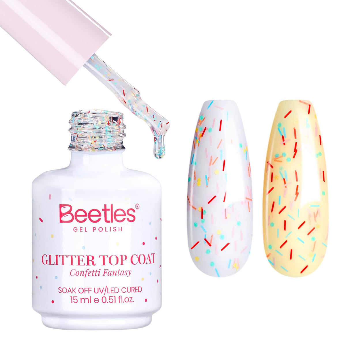 beetles Glitter Gel Top Coat 15ml front view with confetti glitter