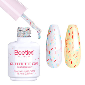 beetles Glitter Gel Top Coat 15ml front view with confetti glitter