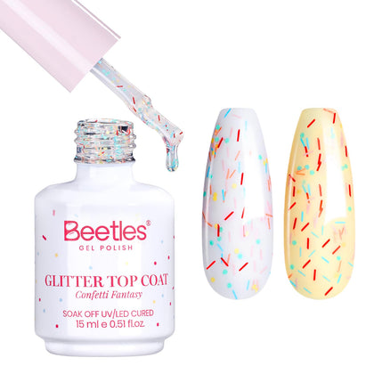 beetles Glitter Gel Top Coat 15ml front view with confetti glitter