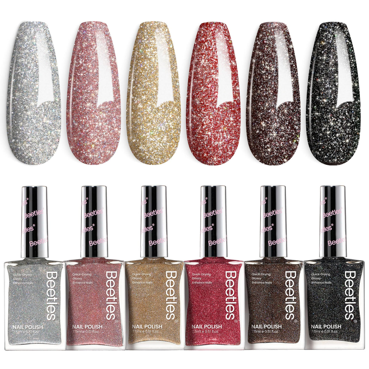beetles Glitter Nail Polish Set with 6 colours including silver, pink, gold, red, brown, and black