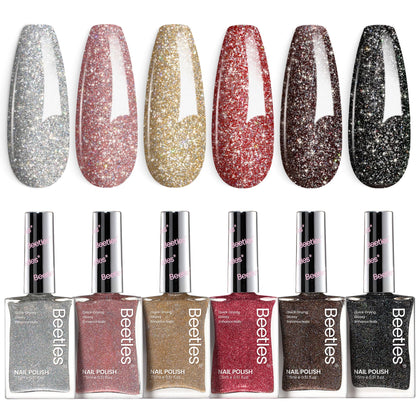 beetles Glitter Nail Polish Set with 6 colours including silver, pink, gold, red, brown, and black