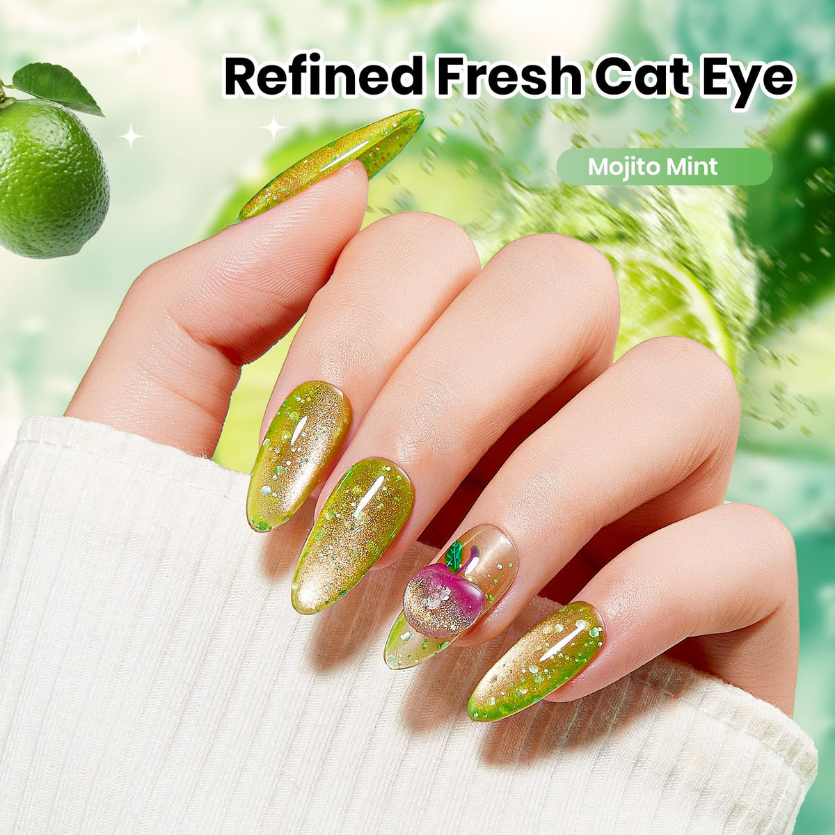 beetles Green Cat Eye Gel Nail Polish 9ML Mojito Mint with glitter effect