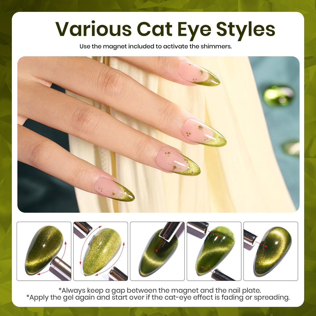 Beetles Green Cat Eye Gel Nail Polish applied nails with cat eye effect