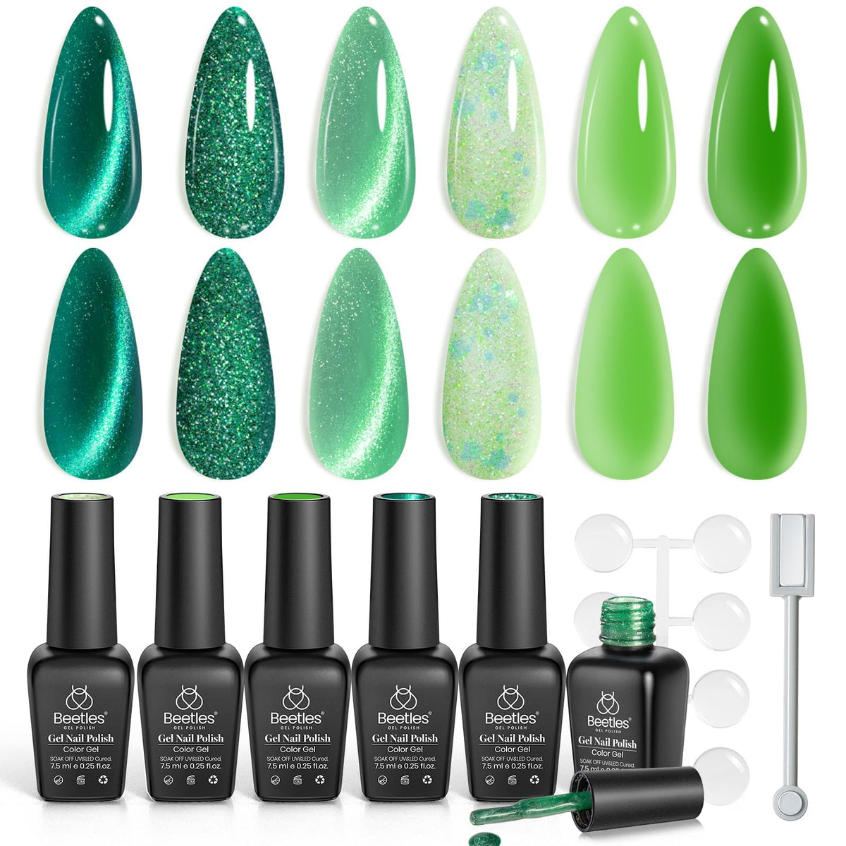 beetles Green Cat Eye Gel Nail Polish Set front view with six bottles