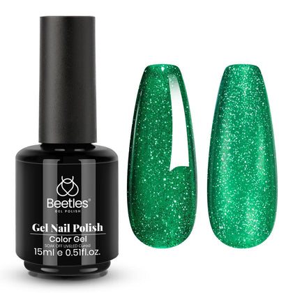 beetles Green Gel Nail Polish 15ML front view with glitter finish