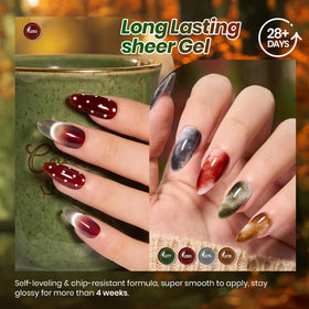 Beetles Jelly Gel Nail Polish Set displayed with autumn-themed background