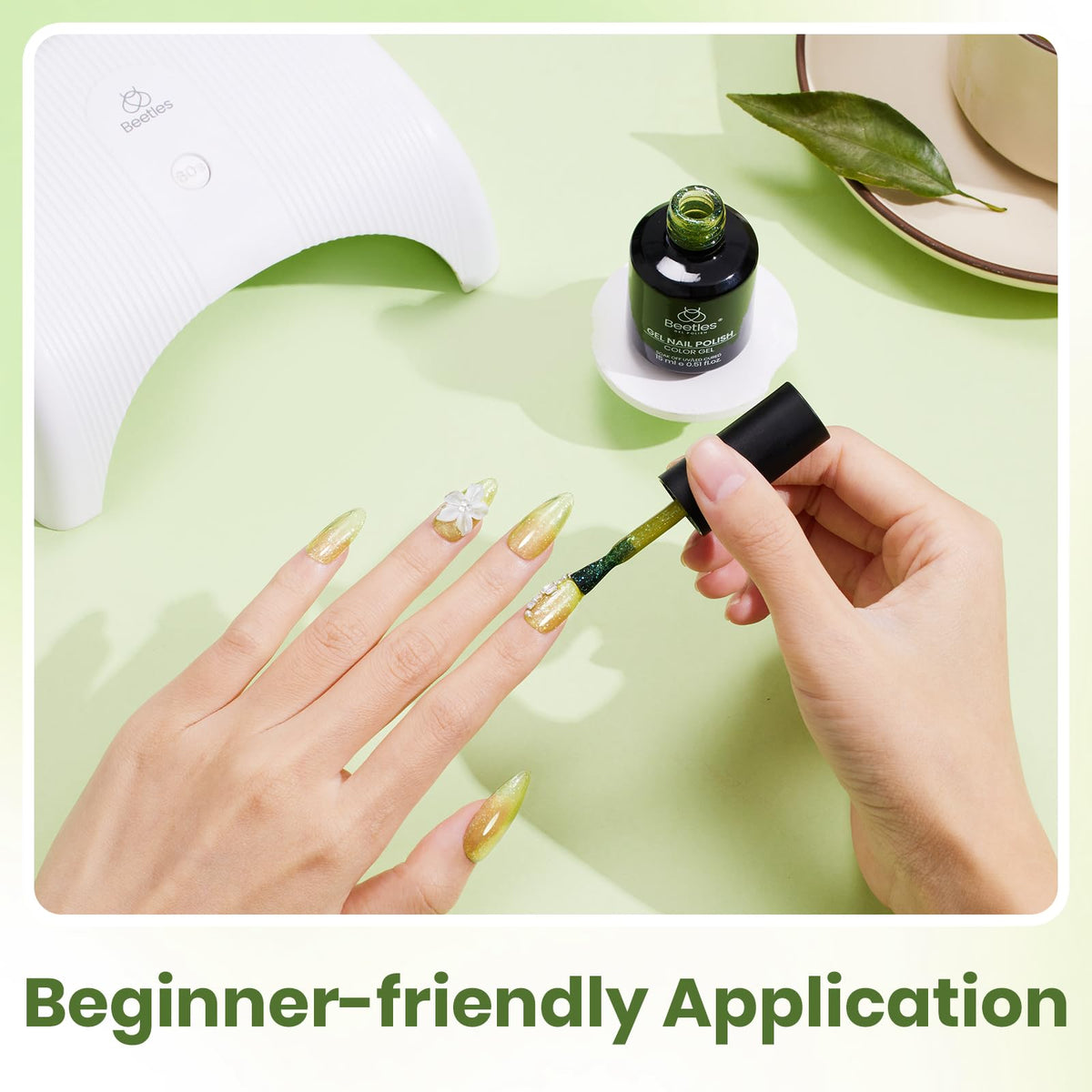 beetles Lime Green Glitter Gel Nail Polish 15ML on a manicure table