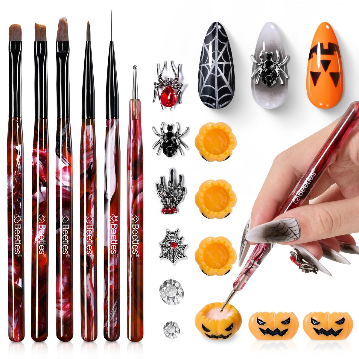 beetles Nail Art Brushes Set 6pcs with palette and charms