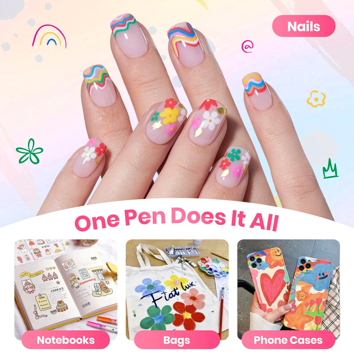 beetles Nail Art Pens used on various surfaces like notebooks