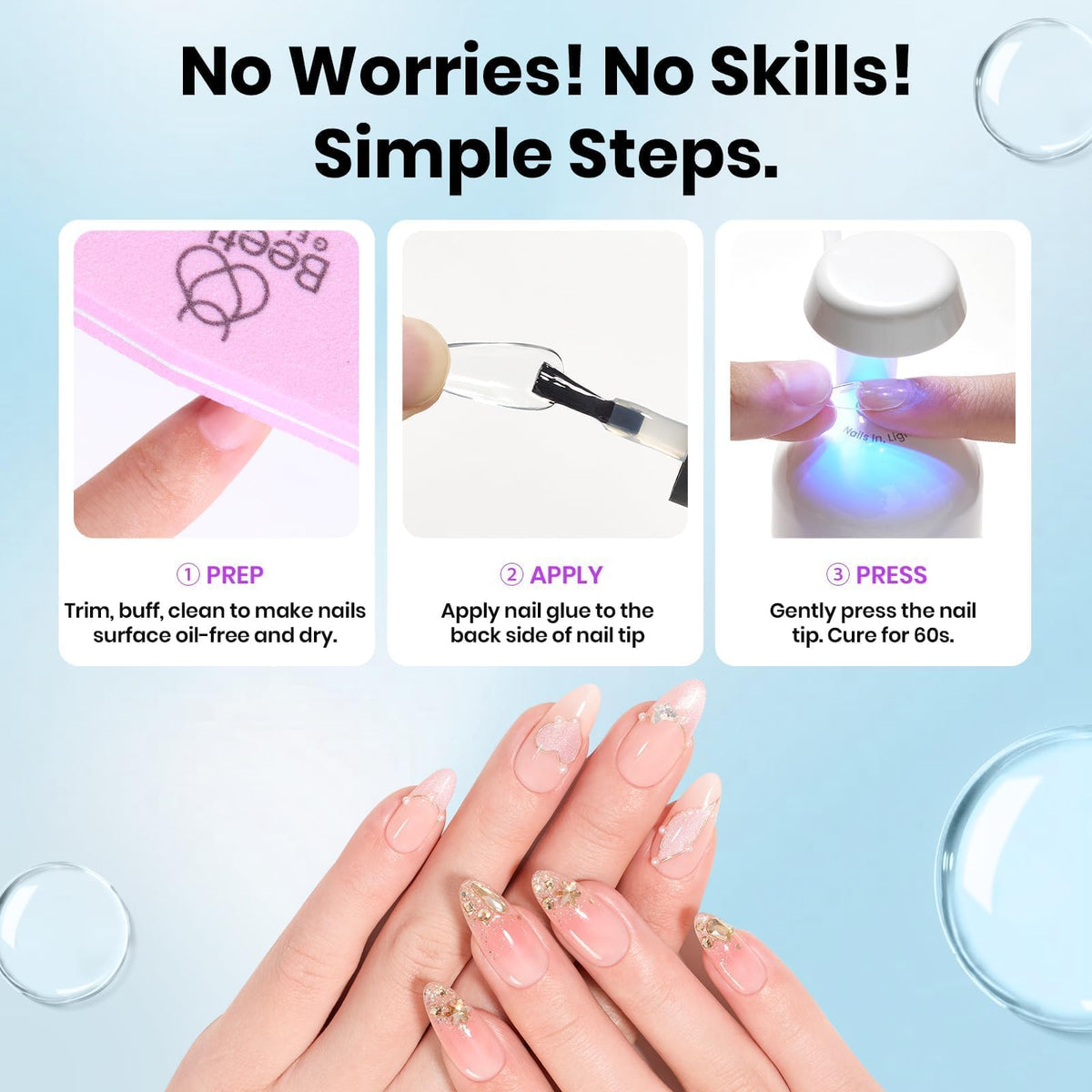 Beetles Nail Glue with rhinestones and nail tips