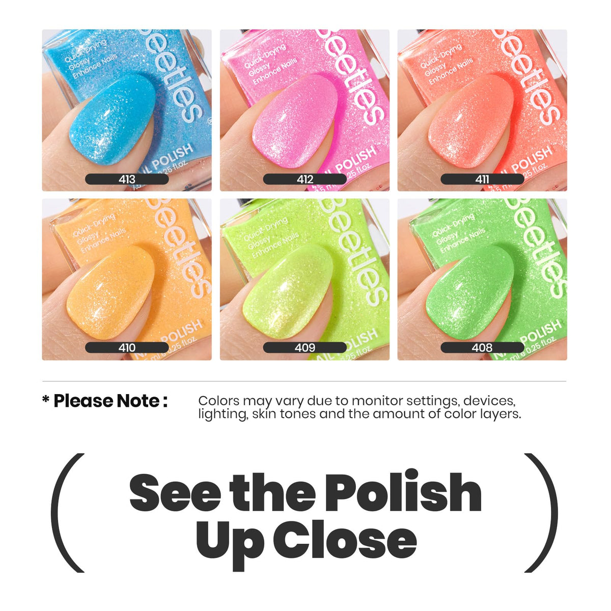 Beetles nail polish set packaging with all 6 colours visible