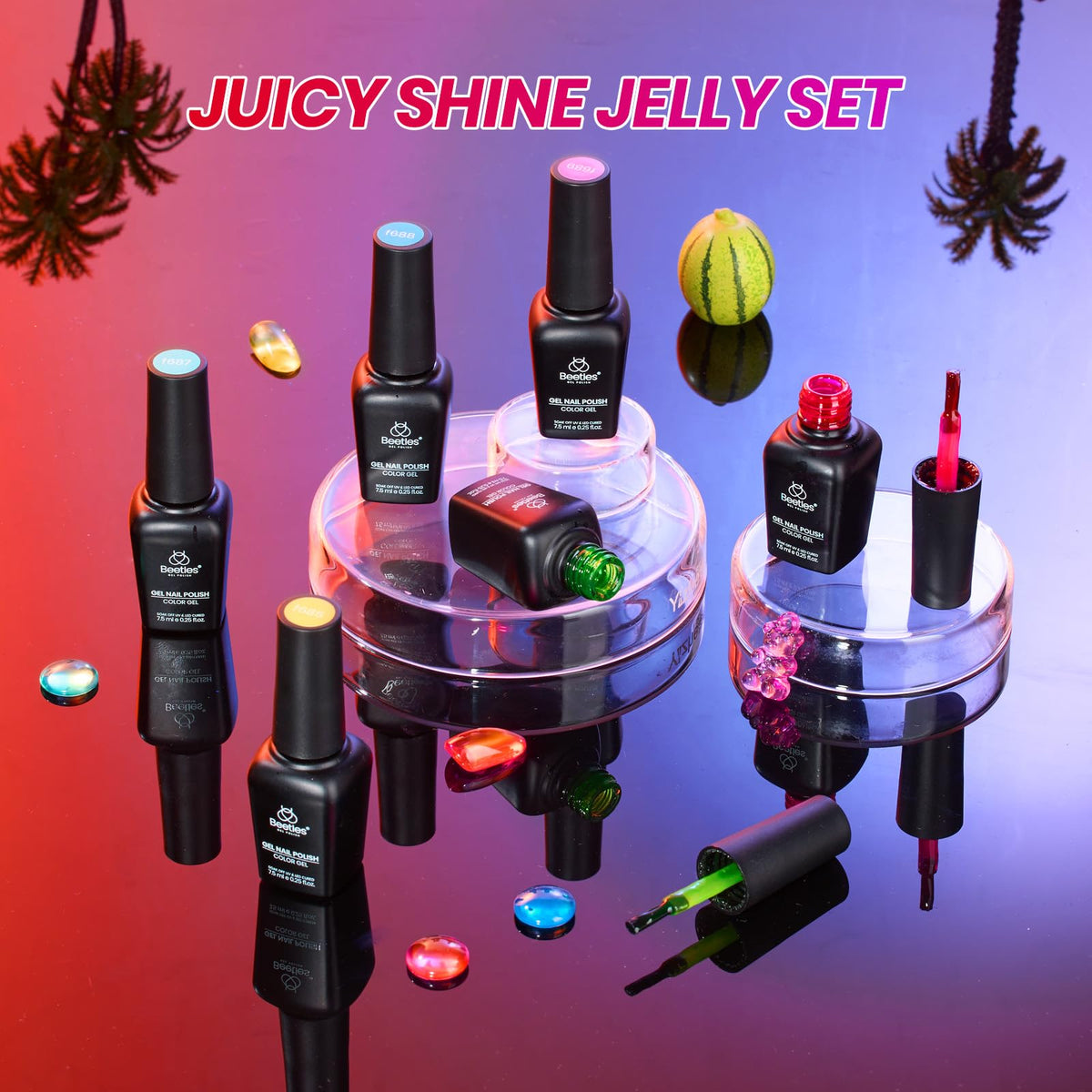 Beetles Neon Gel Nail Polish Set with a colourful nail art display