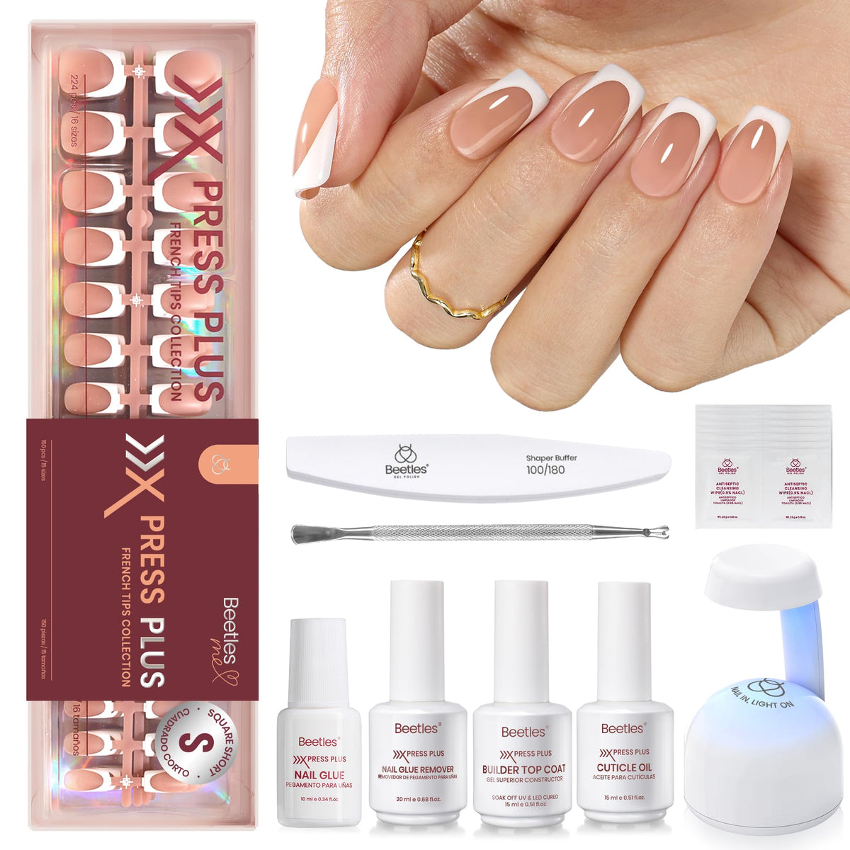 Beetles Press On Nail Kit contents including short square French tips and tools